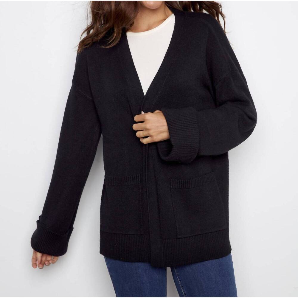 NEW CHARLIE B long sleeve cardigan with patch pockets in black